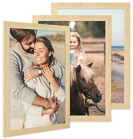 PHOTOLINI Bilderrahmen A3 Holz MDF Natur, 3er Set A3 Bilderrahmen 30x42 breit, Rahmen DINA3 mit Acrylglas, Picture Frame 42 x 30 zum Aufhängen, Frame DIN A 3 42x30 mit Zubehör für Deine Wandideen