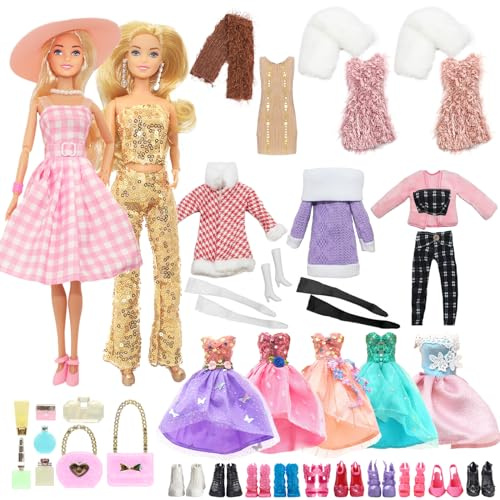 36 Kleidung für Puppen, Rosa Kariertes Kleid mit Hut Goldfarbenes Pailletten Top Hosen Set Winterpullover Kurze Kleider mit Schal 2 Kleider Schuhe Handtaschen Schmuck Zubehör für 11,5 Zoll Puppen