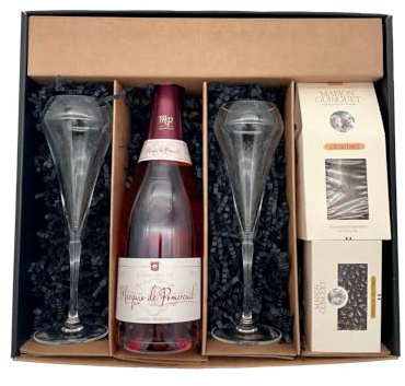 Coffret Cadeau noir - Champagne Marquis de Pomereuil -1 Rosé - Cacaotines (1x150g) et Raisins au sauternes (1x100g) MAISON GUINGUET – 2 flûtes CHEF SOMMELIER