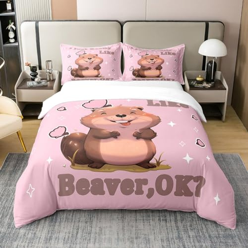 King Size 100% Cotton Kids Cartoon Beaver Duvet Cover Cute Animals Bedding Set Girly Pink Comforter Cover White Stars Kawaii Wildlife Bedspread Cover Room Decor Bedclothes Zipper,No Comforter