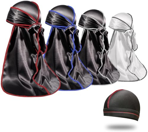 ForceWave Seidige Durags für Männer und Frauen, 360 Wellen mit 1 Wellenkappe, seidiger Satin-Durag, extra langer Schwanz, 4 Stück, Multicolored