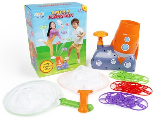 abeec Flying Disc Launcher Toy, Garden Games for Kids With x6 Flying Discs & x2 Nets, Outdoor Rocket Launcher for Kids, Flying Toys for Summer Fun, For Boys & Girls