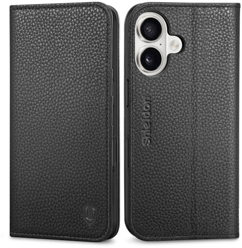 SHIELDON Echtleder Hülle für iPhone 16 6,1 5G 2024, Litschi Schwarz | RFID Blocker, Stoßfest, 3 Kartenfächer, Standfunktion, Magnetisch Schutzhülle, Rindsleder Case, Handyhülle