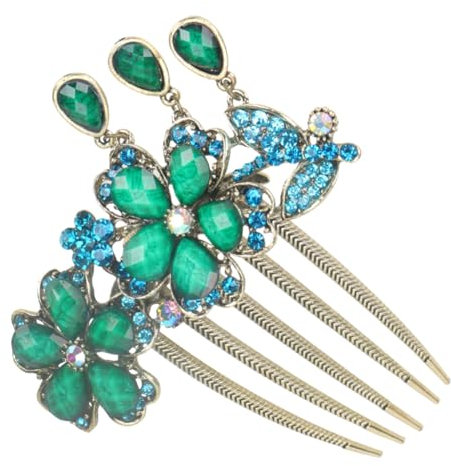 HONMEET Retro Haarschmuck Damen Vintage Haarsteckkamm Mit Funkelnden Rhinestones Und Blauer Blumenverzierung Elegantes Accessoire Für Hochzeit Party Und Festliche Frisuren Modischer Haarsc