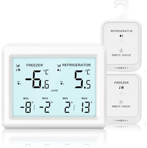 Kylskåpstermometer med fryslarm – Temracha trådlös kylskåpstermometer med varning, bakgrundsbelysning, inspelning max/min för kök, hem, restaurang
