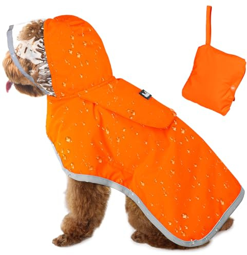SlowTon Regenmantel Hund wasserdicht, durchsichtige doppellagige Regenjacke Hund mit Kapuze für kleine, mittlere und große Hunde, Hunderegenmantel mit reflektierendem Streifen und Aufbewahrungstasche