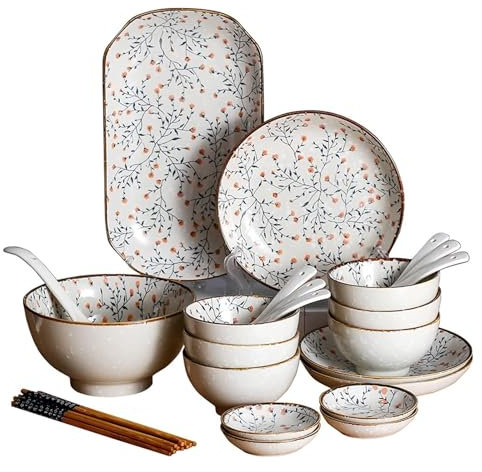 Service de table rétro en céramique 18 pièces, service pour 4 personnes, bols à riz, assiettes à salade, service de table pour collations, salades, desserts, apéritifs - Support micro-ondes