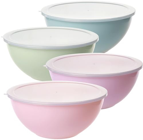 Greentainer Set di 4 ciotole per insalata con coperchio, grandi ciotole da cucina in plastica, impilabili, ideali per cuocere, cucinare, preparare insalate e alimenti, 3,35 l, rosa