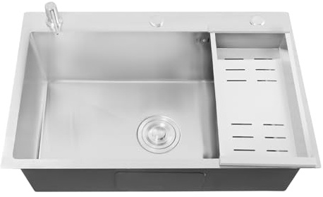 Qussse Fregadero de cocina de acero inoxidable, 68 x 45 cm, incluye dispensador de jabón, cesta de drenaje, fregadero empotrable para hogares, restaurantes, cafeterías, bares (plata)