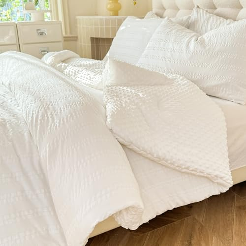 tohrisa Boho Comforter Set Full Size Striped Pleats Bohemian Seersucker Bedding Set All Season Soft Cozy 3 Pieces Quilt with 2 Pillowcases(80X90 White)