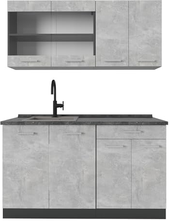 Vicco Singleküche R-Line, Beton, 140 cm | 4 Module · Höhenverstellbare Füße · AP Anthrazit inkl. · Robuste Fronten · Mit Glasschrank · Frei kombinierbar