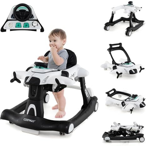 COSTWAY 6 in 1 Girello per Bambini, Girello Pieghevole con Altezza e Velocità Regolabili a 3 Livelli, Vassoio, Musica, Ruote, Luci, Giocattoli Evolutivi per Bambini 6-18 Mesi (Bianco)
