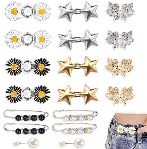 PYSEOSISE Alfileres de Botones Para Vaqueros, 12 Piezas Botones para apretar Pantalones, Botón de Jean Ajustable Sin Costura con 6 Piezas Broches de Perlas para Pantalones Faldas