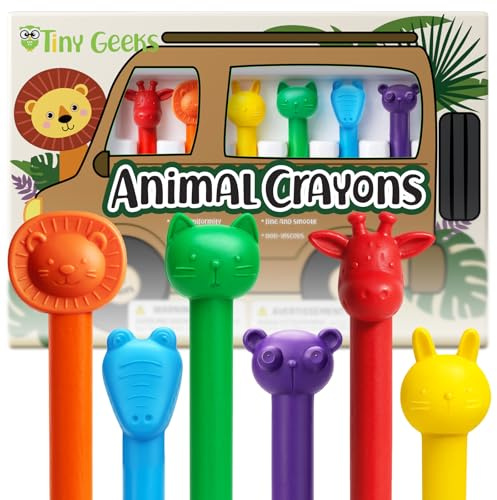 TinyGeeks 6 Pastelli a Cera a Forma di Animali - Pastelli a Cera Non Tossici per Bambini - Lavabili - Perfetti per Bambini di Età 4-8 Anni - Facili da Tenere - Goditi il Tuo Piccolo Safari