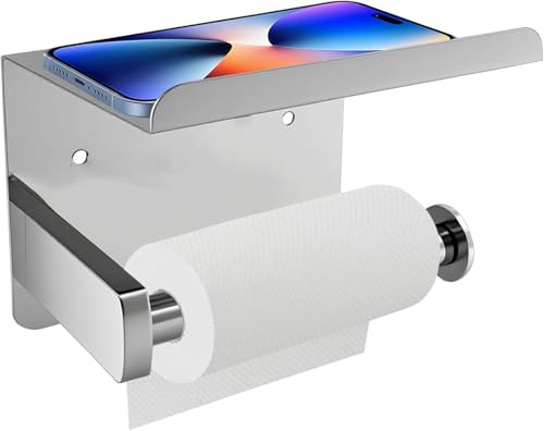 Toilet Roll Holder Stainless Steel Wall Mounted Toilets Paper Racks Holder Toilet Tissue Holder with Phone Shelf Screw-in or Self Adhesive Rust Resistant For Bathroom Washroom Kitchen (Silver)