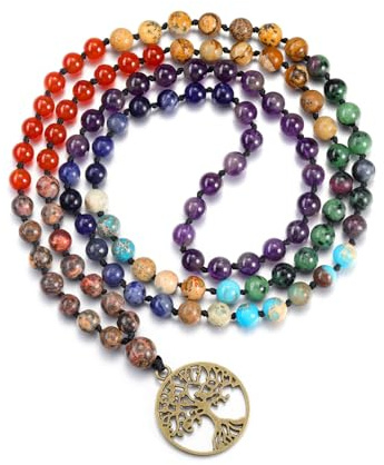 JSDDE 7 Chakras - Collana con ciondolo a forma di albero della vita, per donna, ragazza, lunga collana con perle in pietre naturali, ciondolo rotondo, albero cavo, gioielli rosario yoga Reiki