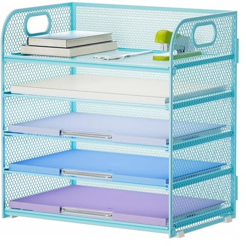 Marbrasse 5 Tier Desk Organiser,Mesh Letter Tray with Handle,Desk File Folder Organiser,Paper File Document Sorter Holder,Office Filing Storage Rack for Home Office School (Blue)