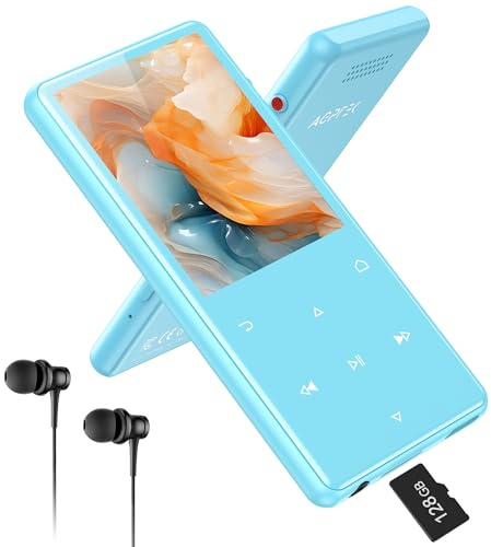 AGPTEK 128Go MP3 Bluetooth 5.4 avec Haut-Parleur, 2.4 Grand Écran Lecteur MP3 Sport en Métal Son HiFi sans Perte Lecteur de Musique Enfant Portable Baladeur MP4 avec Bouton Enregistreur Radio FM-Bleu