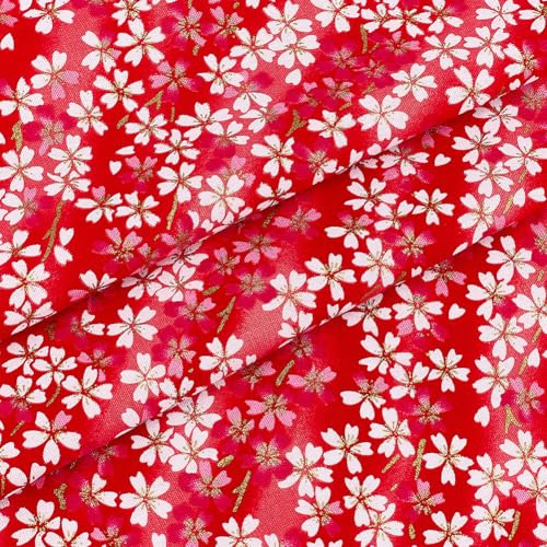 MAYJOYDIY 1 × 1.4 m Kirschroter Japanische Baumwollstoffe Blumen Kirschblüten Quiltstoffe Im Japanischen Stil Bronzing Design Zum Nähen von Kleidung Taschen Tischdecken Sofakissen DIY Bastelarbeiten