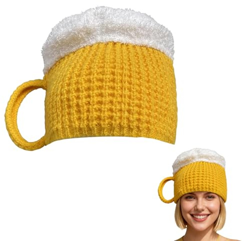 Yuwnd Après Ski Party Outfit, Winter Lustige Mützen Gelb, Warme Gelb Bierkrug-Mütze, Elastisch Weich Strickmütze Für Festivals, Weihnachten, Themed Celebrations Und Partys
