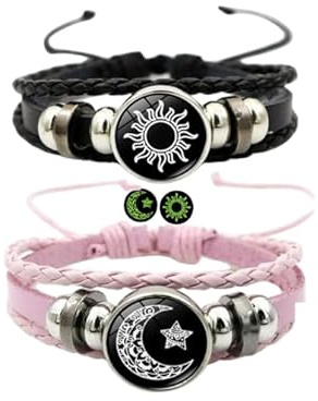 ZENRUIMING 2pcs Sonne Stern Mond nachtleuchtende Armbänder Herren Damen Schwarz Leder Armbänder Sonne Mond Stern Paar Armband