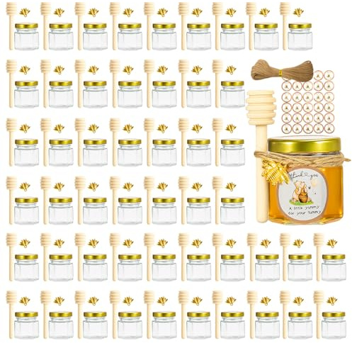 Youyijia 50er Set Mini Honiggläser, 1,5oz Hexagon-Glasflaschen mit Holz-Dipper, Goldener Deckel, Bienenanhänger, Jutesackabdeckung & Etiketten für Hochzeiten & Partygastgeschenke