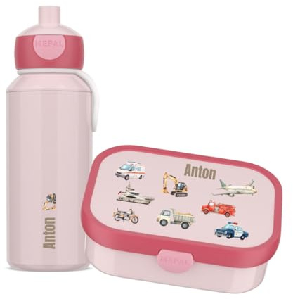 Mepal Juego de fiambrera y botella personalizada, fiambrera infantil con compartimentos, fiambrera y botella de agua con nombre, caja bento a prueba de fugas, juego con estampado de vehículos