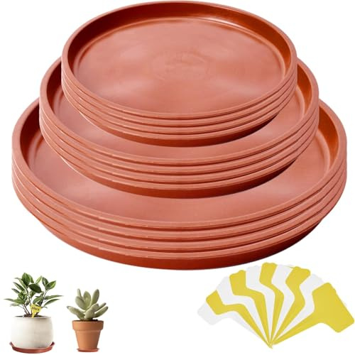 Novastream 12 Pack Plant Pot Saucers, Durable Plastic Plant Trays for Pots, Plant Pot Trays in 3 Sizes, Waterproof Plant Saucer Set with 20 Plant Labels - Ideal for Garden, Balcony & Home