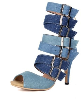 Genérico Zapatos Vaqueros Mujer Punta Abierta Sandalias Stiletto Hebillas Múltiples Botines Denim Tacón Alto Tiras Aberturas Cremallera Fiesta Club