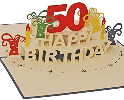 Favour Pop Up Glückwunschkarte zum runden 50. Geburtstag. Ein filigranes Kunstwerk, das sich beim Öffnen als Geburtstagstorte entfaltet. ALTA50B