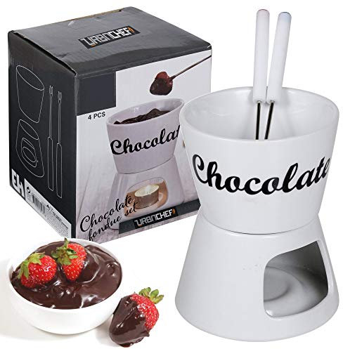 Juego de 4 piezas de fondue de chocolate, cuenco de cerámica, olla de fusión, calentador de té, 2 tenedores