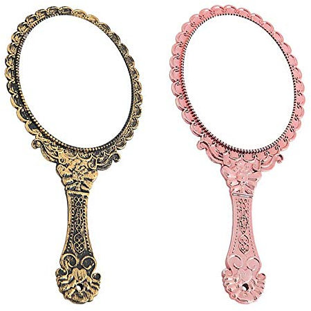2 Pièces Rétro Miroir de Maquillage à Main - Poignée Motif Ovale Vintage, Outil de Beauté de Poche (Bronze, Or Rose)