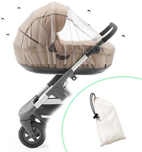 Ecolly Zanzariera universale per carrozzine, passeggini e marsupi, antistrappo e traspirante con elastico, inclusa sacca, Bianco, M