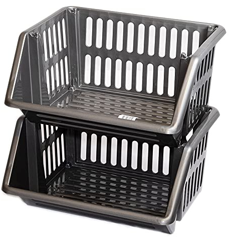 New Stacking Baskets Storage Veg Rack Plastic Stackers, Creme, Grey, Length 36 cm x Depth 30 cm x Height 17.5 cm (Grey, 2 racks)