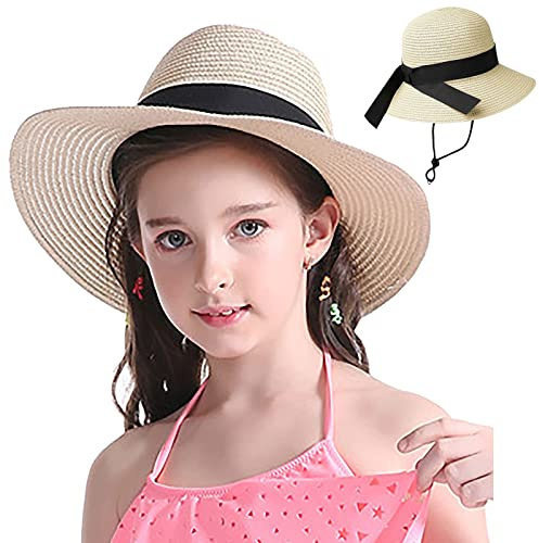 Girls Floppy Straw Hat Sun Hat for Teens Summer Wide-Brim Beach-Cap UPF50+ (20.47 for 2-5T,21.26 for 5-9T)