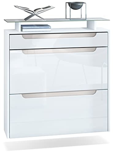 Vladon Schuhschrank Annie, Schuhkipper für 16 Paar Schuhe mit 2 Klappen, 1 Schublade und Glasablage, Weiß matt/Weiß Hochglanz, Griffmulden in Sandgrau Hochglanz (89 x 96 x 23 cm)
