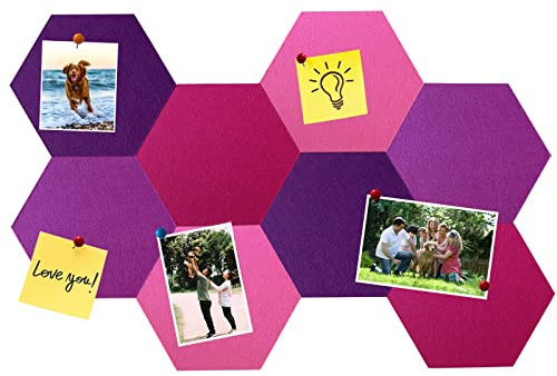 HULAVO 8Pcs Hexagon Felt Cork Board Tiles, Self Adhesive DIY Bulletin Board Pin Board for Office School Home Wall Decor Stickers Memos Photos Display (Gradual Purple)