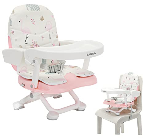 UBRAVOO Kinder Sitzerhöhung Stuhl, Kindersitzerhöhung Klappbar mit PU Kissen & Abnehmbarem Tablett für Kinder von 6 bis 36 Monaten (Pink Flamingos)