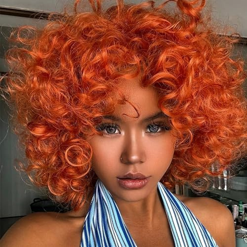 PORSMEER Pelucas de pelo Orange rizado afro para mujeres naranja,pelo negro natural, pelucas de pelo sintético rizado suelto con flequillo para mujer fiesta disfraz de Halloween