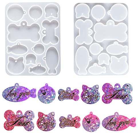 Nifocc 11 Hohlraum Hundemarke Schlüsselbund Silikonform Hundeknochen Förmige Epoxidharz Formen Anhänger Schmuck Gussform Pet Tag Fisch Katze Rund Kristall Casting Form mit Löchern für DIY Basteln