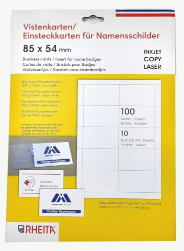Rheita 5311 Visitenkarten, Einsteckkarten für Namensschilder, 100 Stück auf 10 Bögen DIN A 4 mit je 10 Karten, 85 x 54 mm