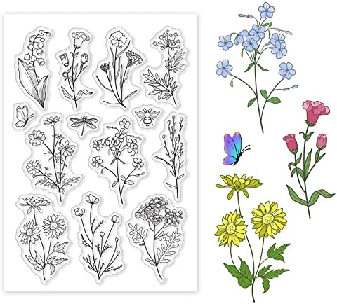 GLOBLELAND Wild Flower Clear Stamps for Card Making Decorative Vintage Plants Flowers Leaves Bee Transparent Silicone Stamps for DIY Scrapbooking Supplies Embossing Paper Card Album Decoration Craft