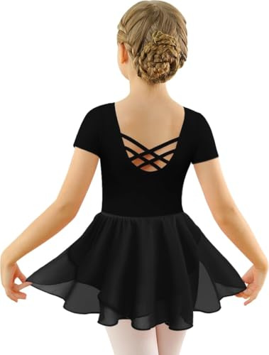 Mulnall Ballettkleid Mädchen Ballett Kleid Kurzarm Langarm Criss Cross Baumwolle Balletttrikot Gymnastik Kinder Tanzbody mit Rock Tütü Kostüm Tanzbekleidung 2-12 Jahre
