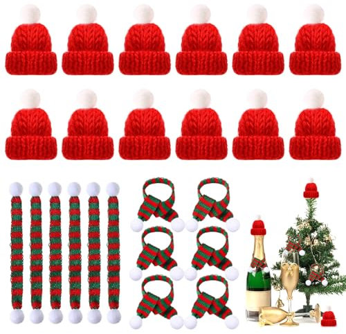 ENAIAH 24 Stücke Mini Weihnachtsmütze und Schal Set Mini Weihnachten Besteckhalter Kleine Nikolausmütze Weihnachten Weinflasche Abdeckung für Tischdeko Verschiedene Weihnachts-Requisiten