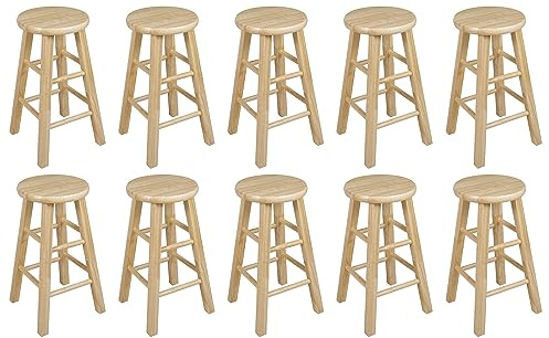 PJ Wood Classic Round-Seat 24 Tall Kitchen Counter Stools for Homes, Dining Spaces, and Bars with Backless Seats, 4 Square Legs, Natural (Set of 10)