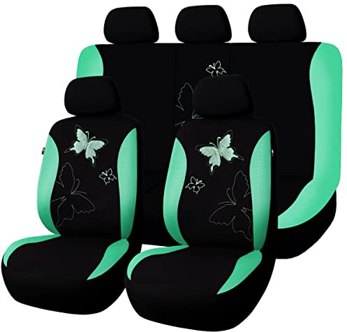 Flying Banner Coprisedili auto universali di elegante con ricamo a farfalla fantasia(Completo, Verde menta)