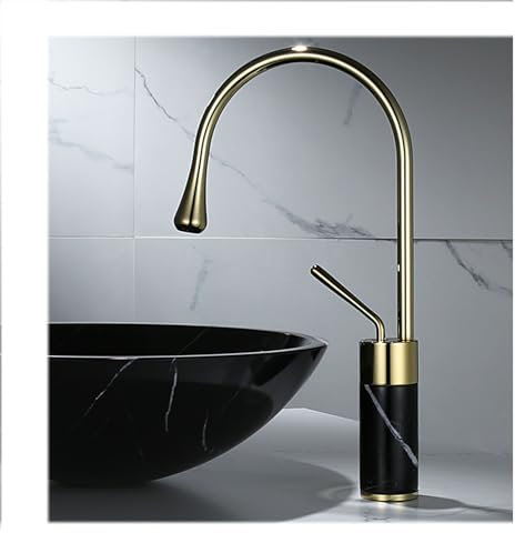 WRJAHCG Messing Marmor 360° Drehbar Wasserhahn Bad Mit Hohem Auslauf Waschtischarmaturen Heiß Kalt Einhebelmischer Hoch Armatur Aufsatzwaschbecken,Gold Black