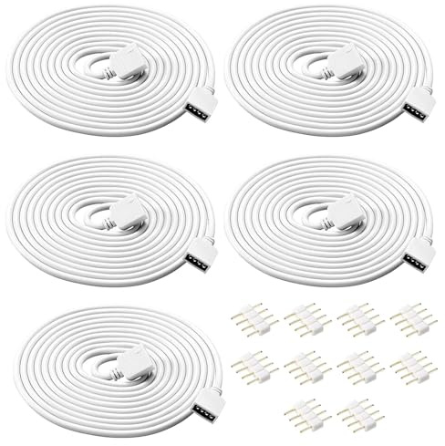 HUAZIZ LED Strip Verlängerung, 5 Stück 2 meter 4Pin LED Verlängerungskabel Drah mit 10 Stück 10mm 4-Poligem Mann zu Mann Verbinder für 3528 5050 2835 LED-Streifen Licht DIY Zubehör Weiß