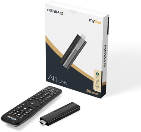 AMIKO A11 Link 4K UHD Android 11 TV Stick, Dual Band WiFi WLAN, HDR10+, 2GB RAM & 16GB Flash, TV Receiver, Bluetooth 5.0, MyTV3 App, Widevine Level 1, Bluetooth Fernbedienung + M@TEC HDMI Kabel