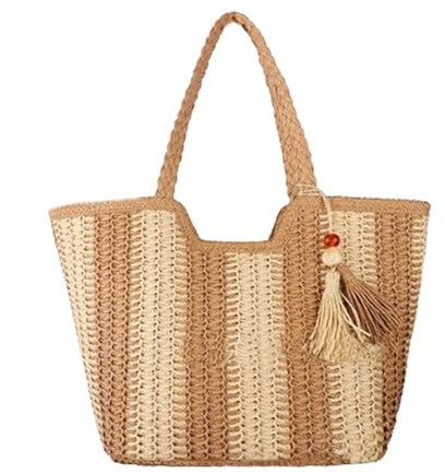 Generisch Strohtaschen Damen,Sommer Strandtasche Stroh Groß,Streifen Handgewebt Stroh Tote Tasche Mit Reißverschluss